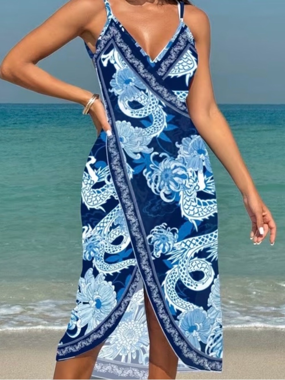 Navy Blue Floral Wrap Swim Coverup Dress